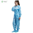 ESD Clean Room Garments Reusable Sterilized Coverall With Hood Blue Color Conductive Fiber