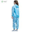 Blue Color Cleanroom Anti Static Jacket And Pants With Hood ESD Class 100