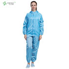 Blue Color Anti Static Garments Hooded Jacket And Pants Autoclavable With Conductive Fiber