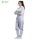 ESD cleanroom anti-static hooded coverall white color with conductive fiber for parmaceutical industry