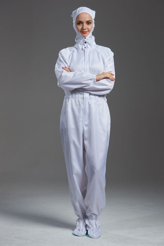ESD anti static class 100 cleanroom white color coverall with hood and shoes cover for parmaceutical industry
