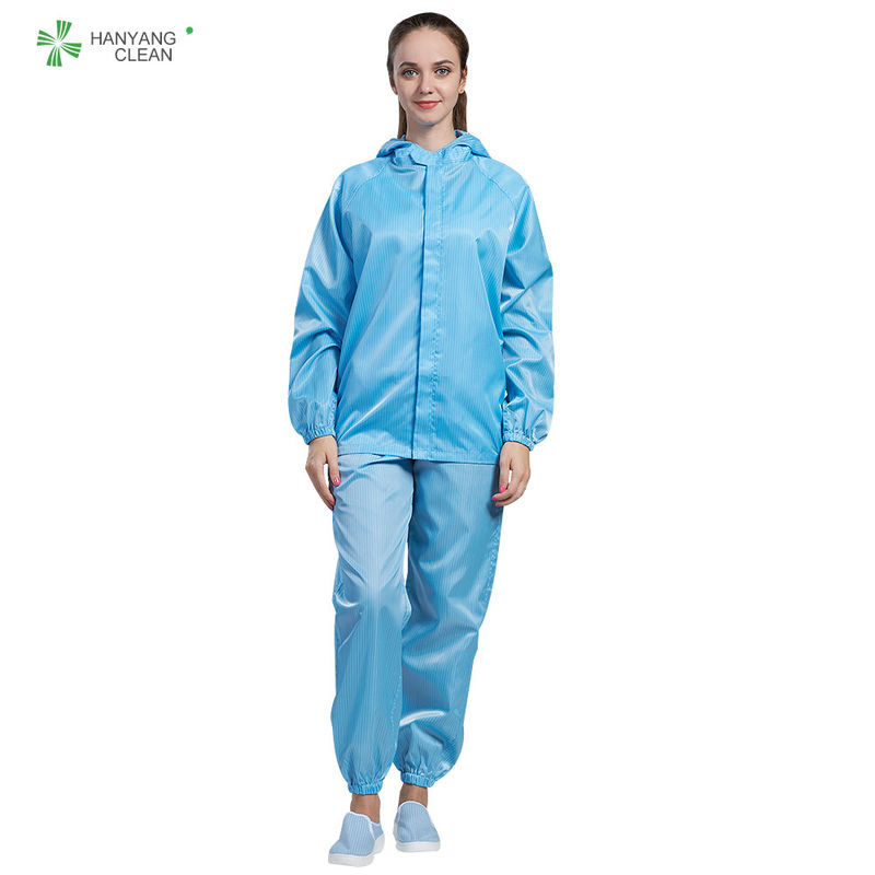 ESD antistatic reusable jacket and pants blue color with hood for class 1000 or higher cleanroom