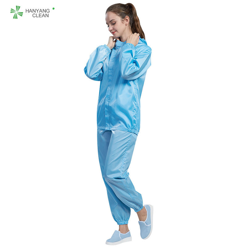 Blue Color Cleanroom Anti Static Jacket And Pants With Hood ESD Class 100