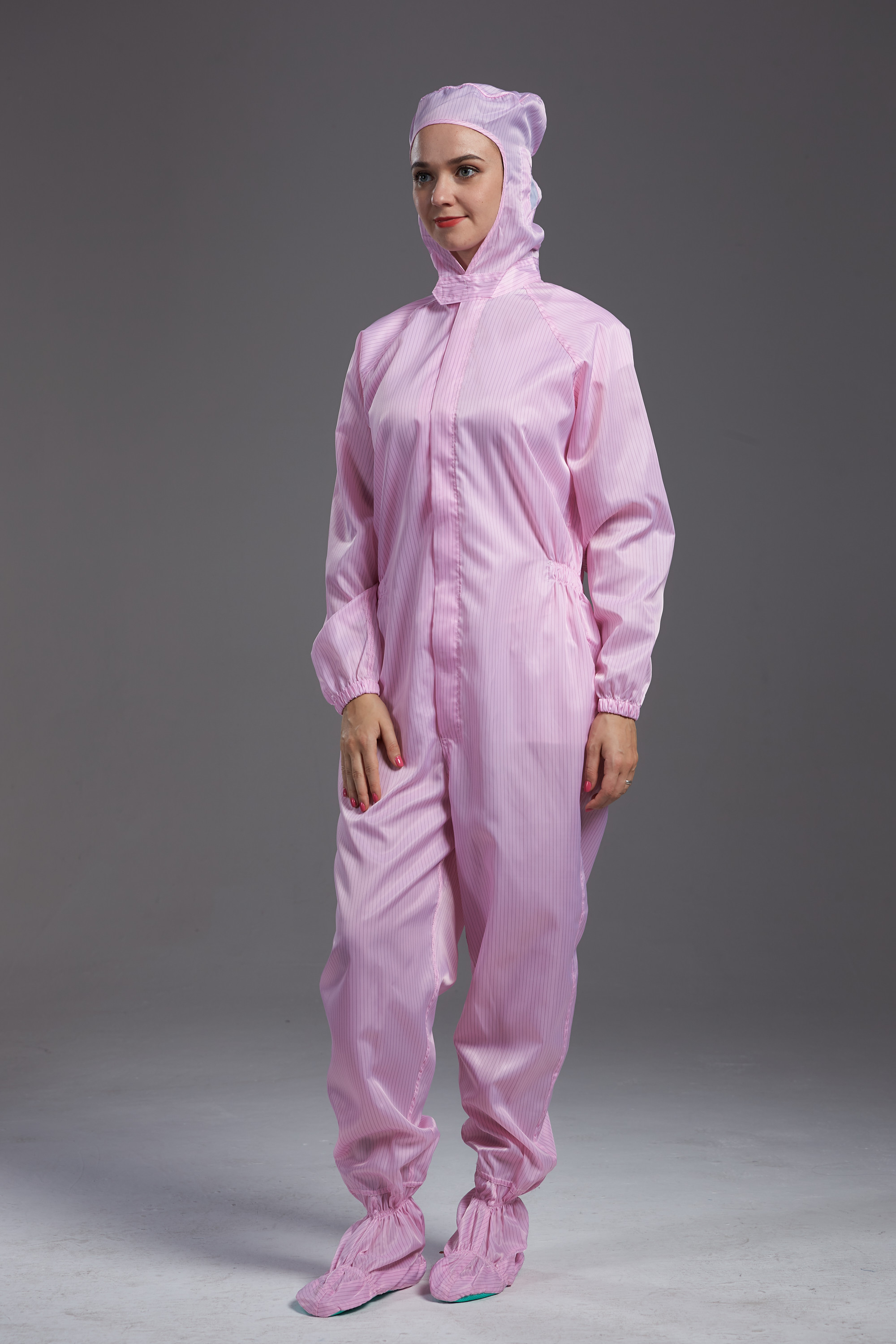 Pink coverall with hood clearance