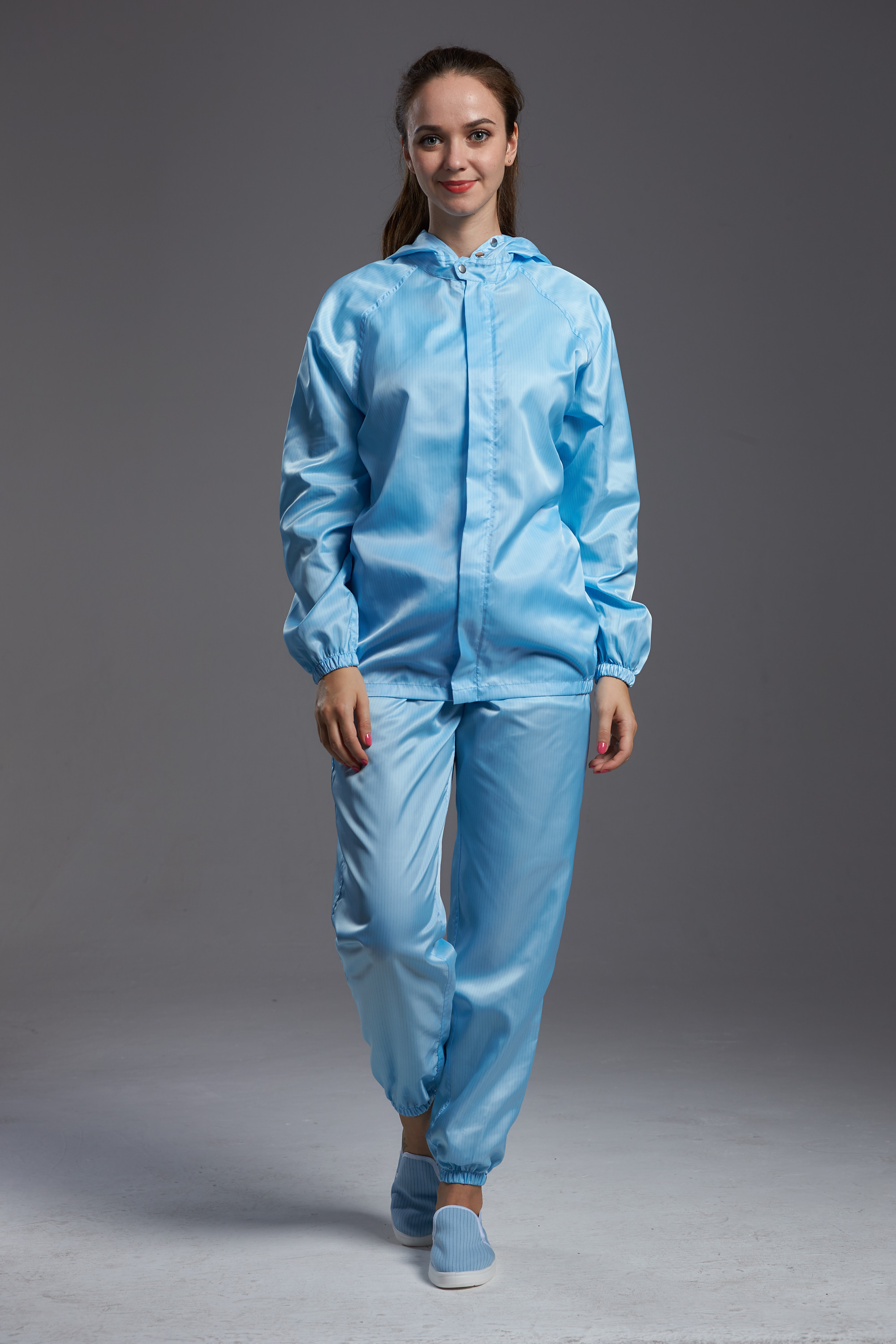 Blue color antistatic esd cleanroom jacket and pants workwear with hood